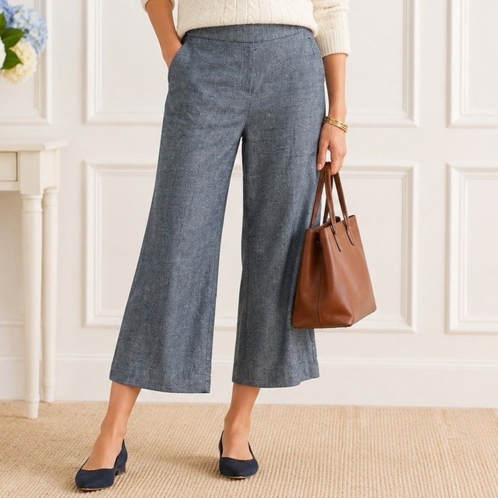 Banana Republic Womens Navy Linen Blend Wide Leg Crop Pants 8 Preppy Office